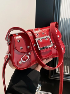 Women PU Leather Rivet Shoulder Bag Niche Design Metal Buckle Punk Y2K Underarm Bag Versatile Commute Crossbody Handbag