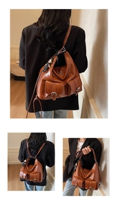 Brown oil wax leather backpack showing dual-shoulder, single-shoulder and tote carrying styles