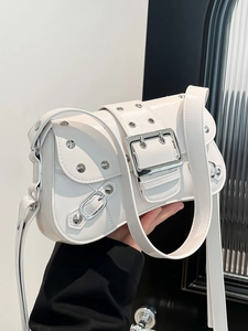 White vintage motorcycle style shoulder bag with silver rivets and double buckles