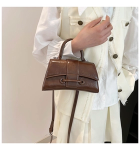 Detailed close-up of dark brown wax leather texture and strap buckle on a trapezoid handbag