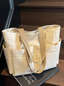 Large Capacity Canvas Tote Bag For Women Minimalist Multi Pocket Shoulder Bag Japanese Casual Student School Handbag Travel Hobo Bag