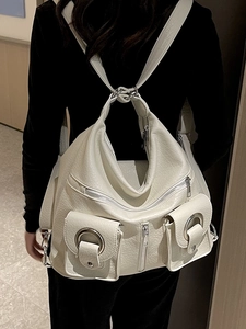 Stylish white large capacity tote backpack for women with silver metal ring decor