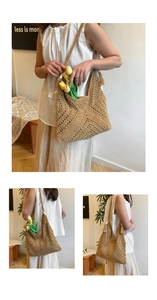 Détails de la texture du sac à bandoulière en paille tressée avec pompons et fleurs
