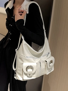 White lychee texture large tote bag with multi-pocket design and silver metal rings