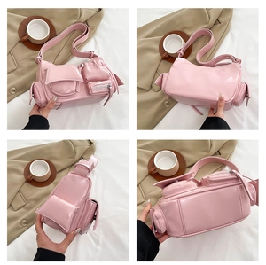 Multi-pocket pink glossy PU leather shoulder bag shown from four different angles