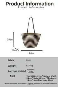 Spécifications de taille pour sac cabas tissé rayé avec dimensions et longueur de sangle