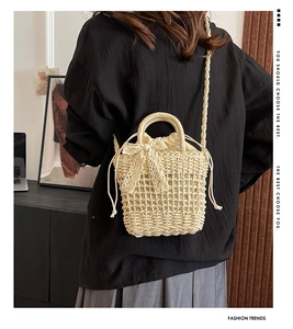 Detail of woven straw bag with lace bow and drawstring liner shown on model back