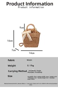 Detailed size specifications for a woven beach bag with a white lace bow detail