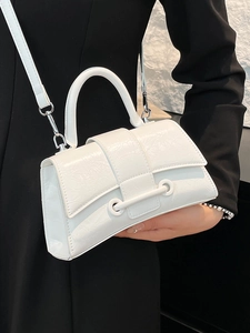 Chic white crossbody square bag with glossy wrinkled texture and ring buckle handle