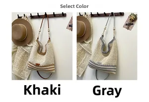 Detail of hand-woven mesh shoulder bags with wooden beads in khaki and grey colors