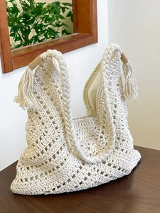 Sac à Épaule Tissé Mode pour Femmes Sac Hobo au Crochet Avec Gland Sac Fourre-Tout de Plage Décontracté Fait à la Main