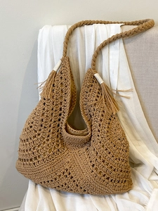 Sac à bandoulière fait main au crochet ajouré en kaki pour vacances à la plage