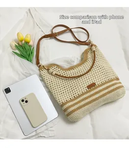 Detail showing the large capacity of the woven bag compared to an iPad and smartphone