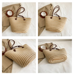 Vues détaillées du sac cabas en paille tissée avec poignées brunes et texture naturelle