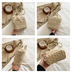 Detail view of woven straw beach bag with lace bow and drawstring liner in 4-grid layout