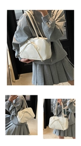 Detailed views of a white ballet-style boston bag with delicate bow knot and dual straps
