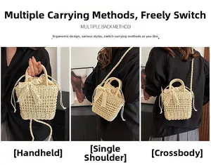Straw woven bag with lace bow showing handheld, shoulder and crossbody carrying modes