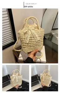 Detail view of beige woven bucket bag with elegant white lace bow and drawstring liner
