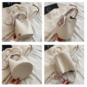 Detailed views of cream lychee texture bucket bag with silk scarf on handle