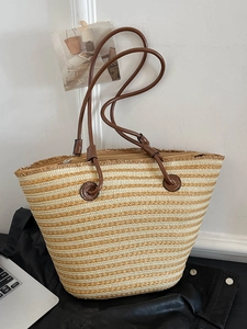 Sac Cabas Tissé pour Femmes Grande Capacité Sac à Épaule en Paille Rayé Avec Franges Sac à Main Décontracté Plage Été