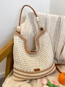 Minimalist Contrast Color Hollow Out Woven Shoulder Bag Casual Handmade Crochet Tote With Wood Beads For Women Daily Use