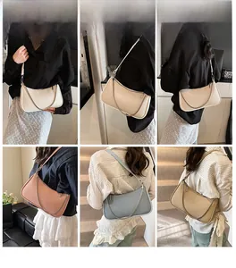 Collage of chic woven shoulder bags in various colors showing models carrying the bags