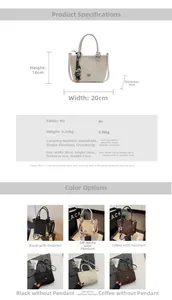 Detailed spec sheet showing PU bucket bag dimensions and heart embossed color options