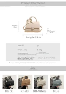 Detailed size specifications and color options for the stylish PU leather square handbag