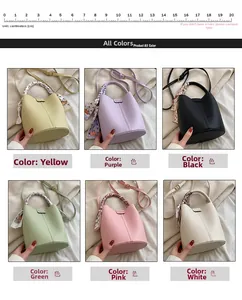 Litchi texture bucket bag detail showing six color options with elegant silk scarf handles