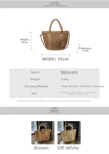 Detailed size specifications for the woven straw tote bag with dimensions and weight