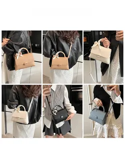 Litchi pattern leather handbags with decorative scarves shown in multiple colors