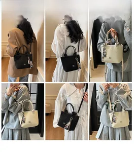 Detail shots of embossed bucket bag showing various styles and bear keychain