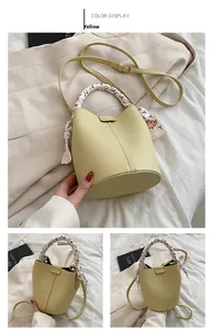 Detail of yellow bucket bag with lychee pattern leather and silk scarf wrapped handle
