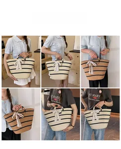 Detail shots of striped straw tote bags with lace bows in beige and brown colors