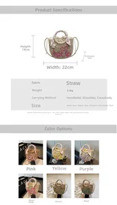 Detailed dimension guide for handmade straw bag with floral scarf handle and Hello logo