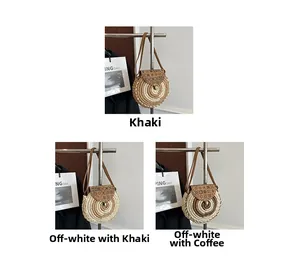 Detailed comparison of three woven round shoulder bags in khaki, cream and coffee colors