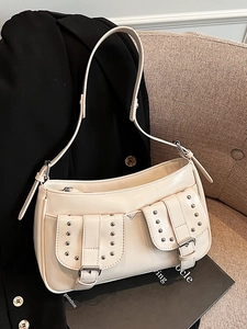 Women High Gloss PU Leather Rivet Underarm Bag Y2K Retro Biker Style Shoulder Crossbody Bag With Multi Pockets Silver Buckle