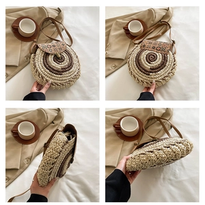 Detailed views of the circular straw bag showing woven textures and ethnic print flap