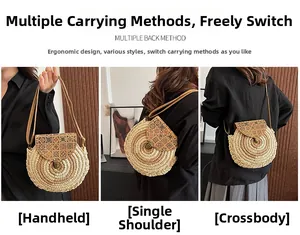 Detailed views of a round straw woven crossbody bag with vintage geometric patterns