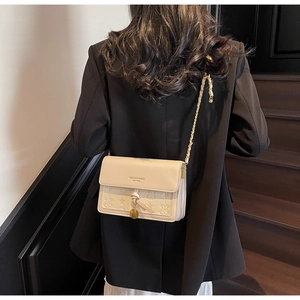 Detail of beige shoulder bag featuring star embroidery and metal chain strap on model