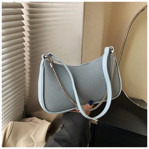Detail view of light blue hobo bag showing woven texture and elegant metal chain strap