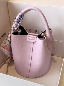 Fashion Women Litchi Grain PU Leather Bucket Bag With Scarf Wrapped Handle Urban Minimalist Casual Crossbody Shoulder Bag Handbag