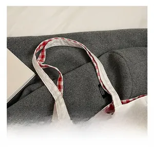 Detailed close-up of canvas tote bag with red gingham trim and printed youth quote