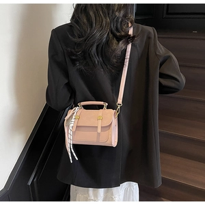 Close-up of pink mini square bag with silk scarf on model in black suit