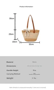 Detailed size chart for striped woven straw tote bag with leather handles and bow