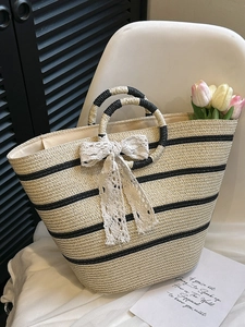 Women Woven Striped Tote Bag Large Capacity Vacation Handbag With Lace Bow Knot Round Handle Summer Straw Basket Bag