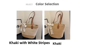 Detail of woven straw tote bags with lace bow accents and brown leather shoulder straps