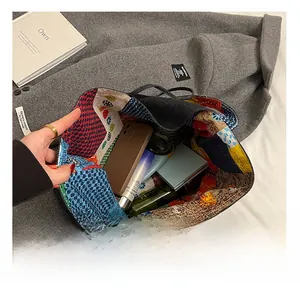 Internal view of a large bohemian patchwork tote showing spacious storage capacity