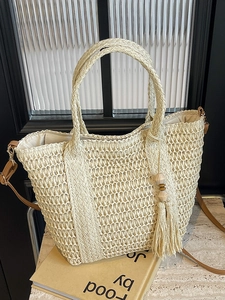 Minimalist Straw Woven Tote Bag For Women Large Capacity Hollow Out Handwoven Shoulder Bag With Tassel Wood Bead Vacation Beach Bag