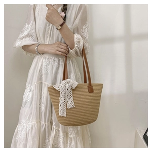 Close-up of beige woven tote bag with brown leather handles and white lace detail